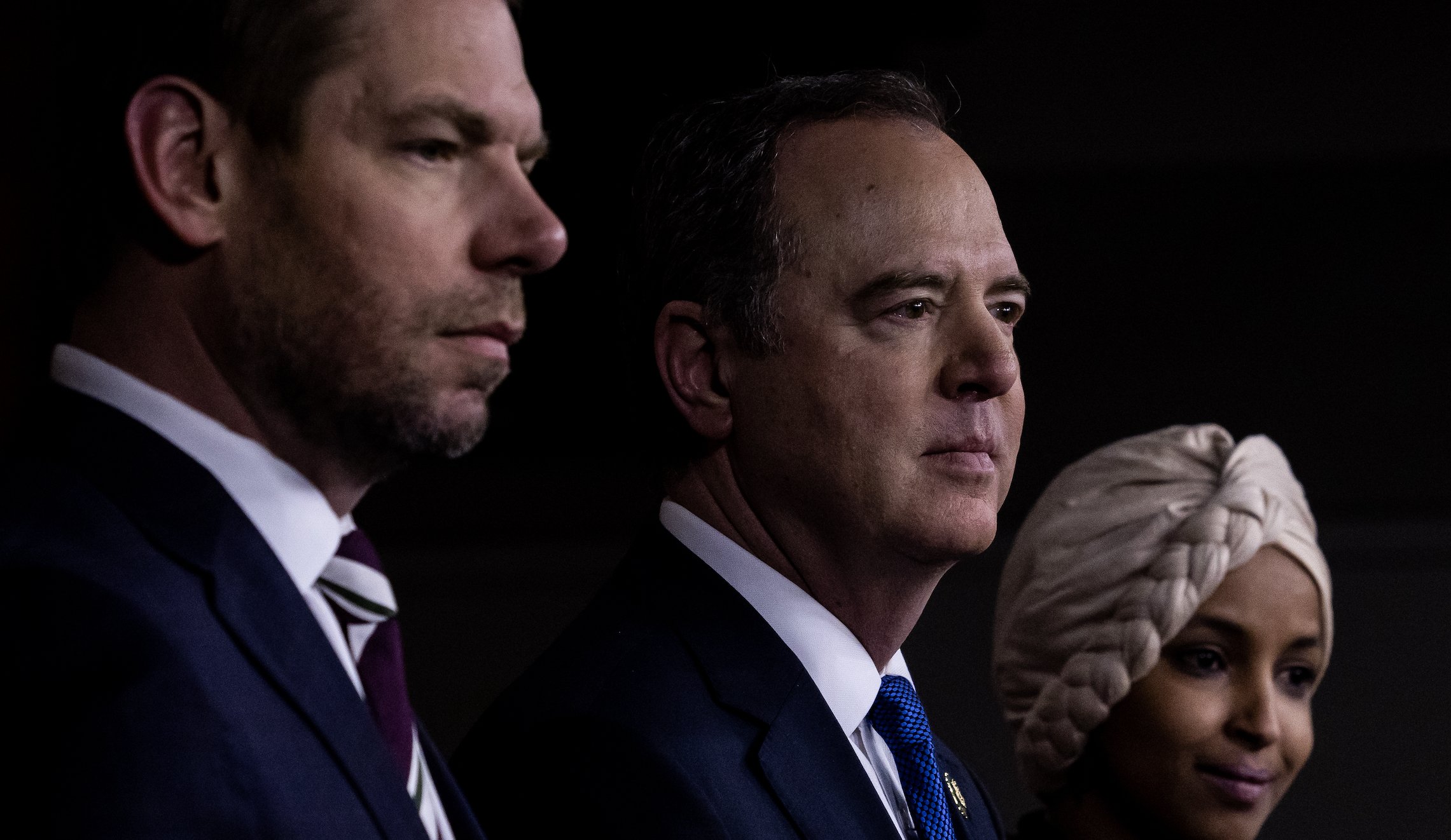 U.S. Rep. Adam Schiff (D-CA) joined by Rep. Eric Swalwell (D-CA) and Rep. Ilhan Omar (D-MN), attend at a press conference on committee assignments for the 118th U.S. Congress, on Capitol Hill, Jan. 25, 2023. House Speaker Kevin McCarthy recently rejected the reappointments of Schiff and Swalwell to the House Intelligence Committee, and has threatened to stop Omar from serving on the House Foreign Affairs Committee.