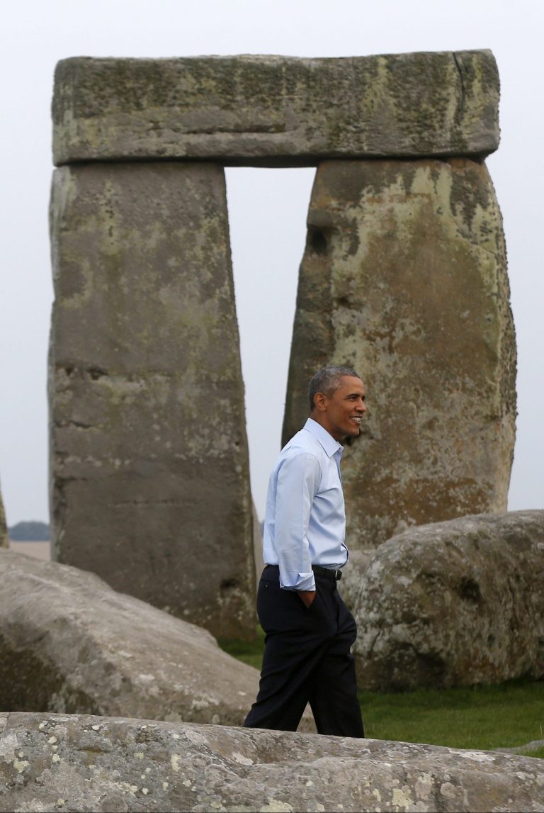 President Barack Obama visits Stonehenge after leaving the NATO summit in Newport, Wales, Friday, Sept. 5, 2014. (AP Photo/Charles Dharapak)
