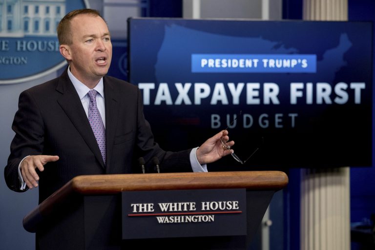 Budget Director Mick Mulvaney faulted slowing tax revenue collection and the spending priorities of the Obama administration for the rise in the deficit projection. (AP Photo/Andrew Harnik)