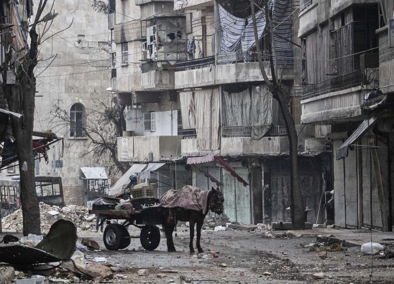   This Monday, Dec. 17, 2012 photo, shows damaged buildings due to heavy clashes between Free Syrian Army fighters and government forces in the Karmal Jabl neighborhood in Aleppo, Syria. (AP Photo/Narciso Contreras)  