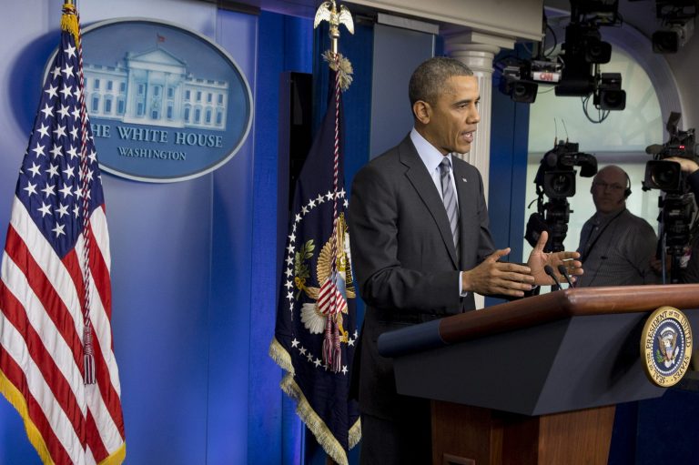 President Obama speaks about the situation in Ukraine, March 6, 2014, in the briefing room of the White House in Washington. (AP Photo/Jacquelyn Martin)