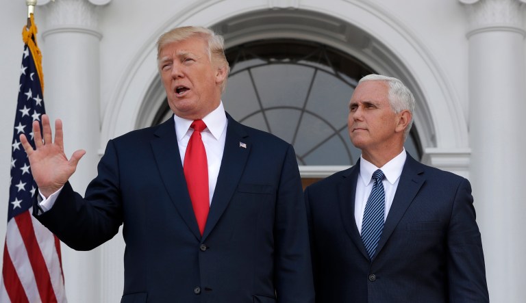 President Donald Trump, accompanied by Vice President Mike Pence, speaks before a security briefing at Trump National Golf Club in Bedminster, N.J. (AP Photo/Evan Vucci)