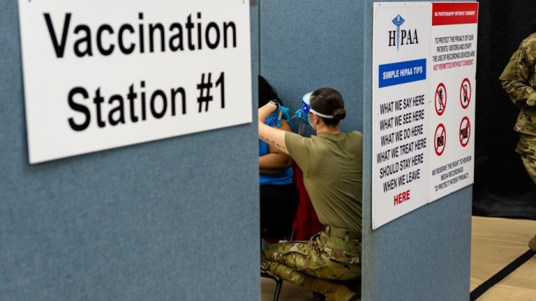 A Community Vaccination Center capable of vaccinating 6,000 people a day is open at the Naimoli Family Athletic and Recreation Facility on the campus of the New Jersey Institute of Technology in Newark, March 31, 2021.