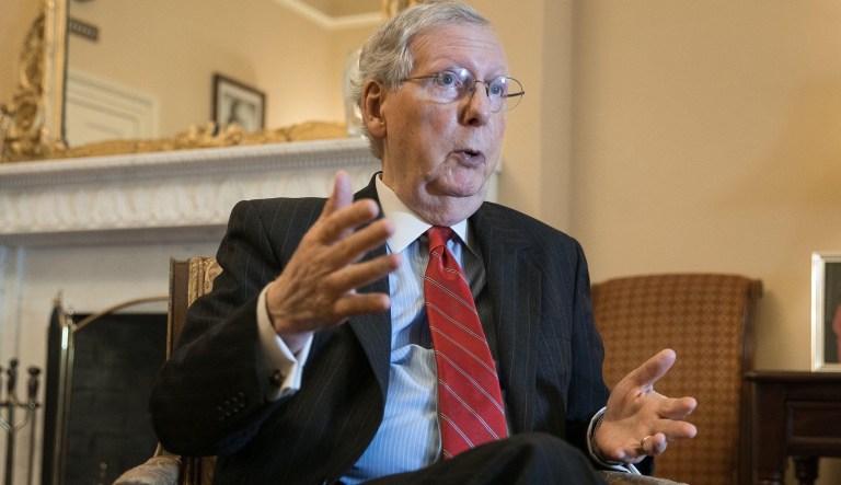 Senate Majority Leader Mitch McConnell, R-Ky., talks to Washington Examiner reporter Susan Ferrechio at his office on Capitol Hill, Thursday, October 11, 2018.