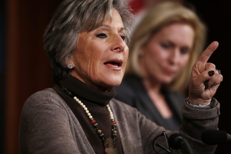 Sen. Barbara Boxer, D-Calif., left, accompanied by Sen. Kirsten Gillibrand, D-N.Y., speaks during a mews conference on Capitol Hill in Washington, Thursday, March 6, 2014, following a Senate vote on military sexual assaults. The Senate blocked a bill that would have stripped senior military commanders of their authority to prosecute rapes and other serious offenses, capping an emotional, nearly yearlong fight over how best to curb sexual assault in the ranks. (AP Photo/Charles Dharapak)