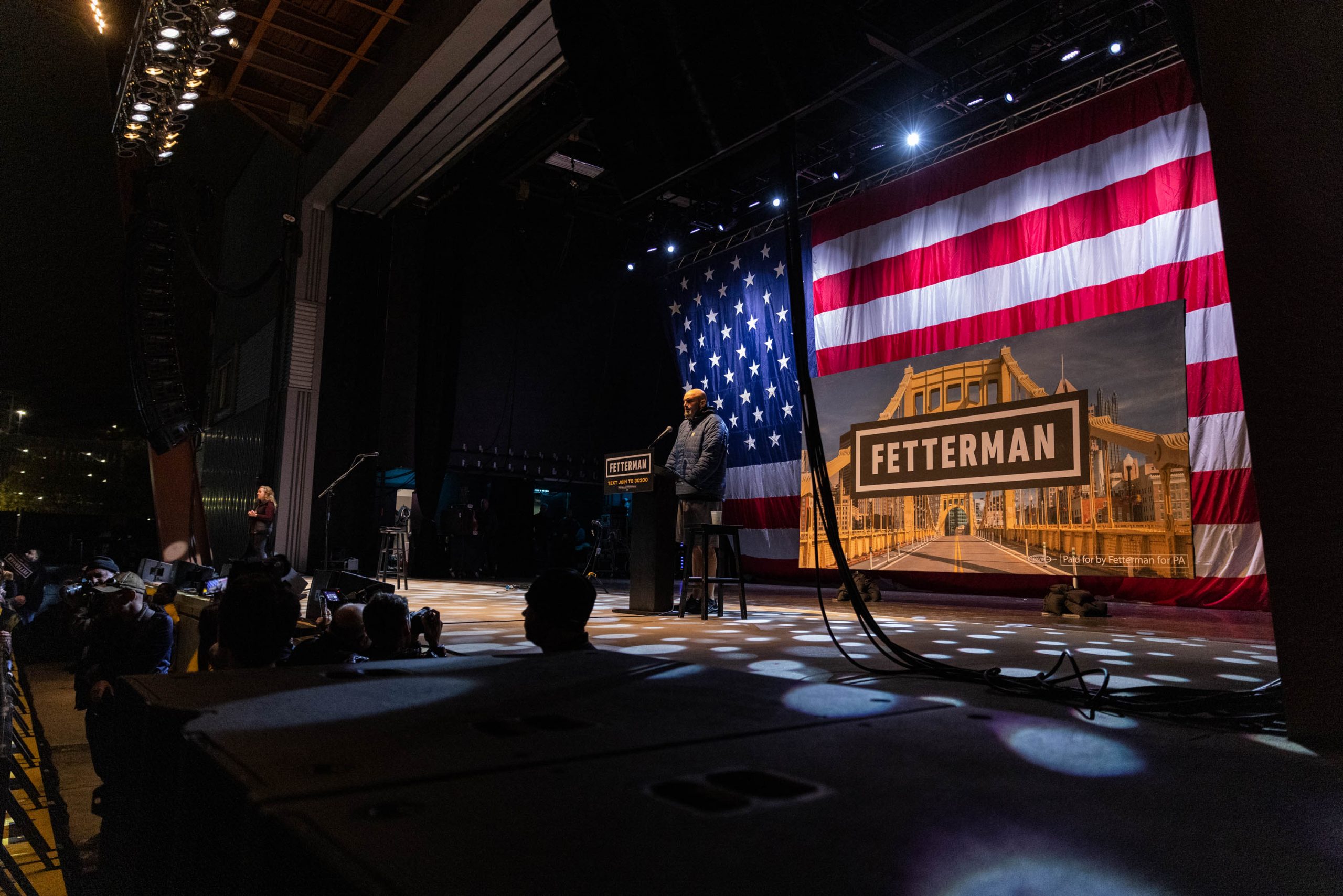 Democratic candidate for U.S. Senate, John Fetterman, speaks during a campaign event featuring a performance by Dave Matthews in Pittsburgh, Pennsylvania, Wednesday, Oct. 26, 2022.