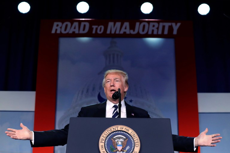 Trump began his speech Thursday afternoon to the Faith and Freedom Coalition's Road to Majority Conference in Washington as Comey was still testifying on Capitol Hill. (AP Photo/Jacquelyn Martin)