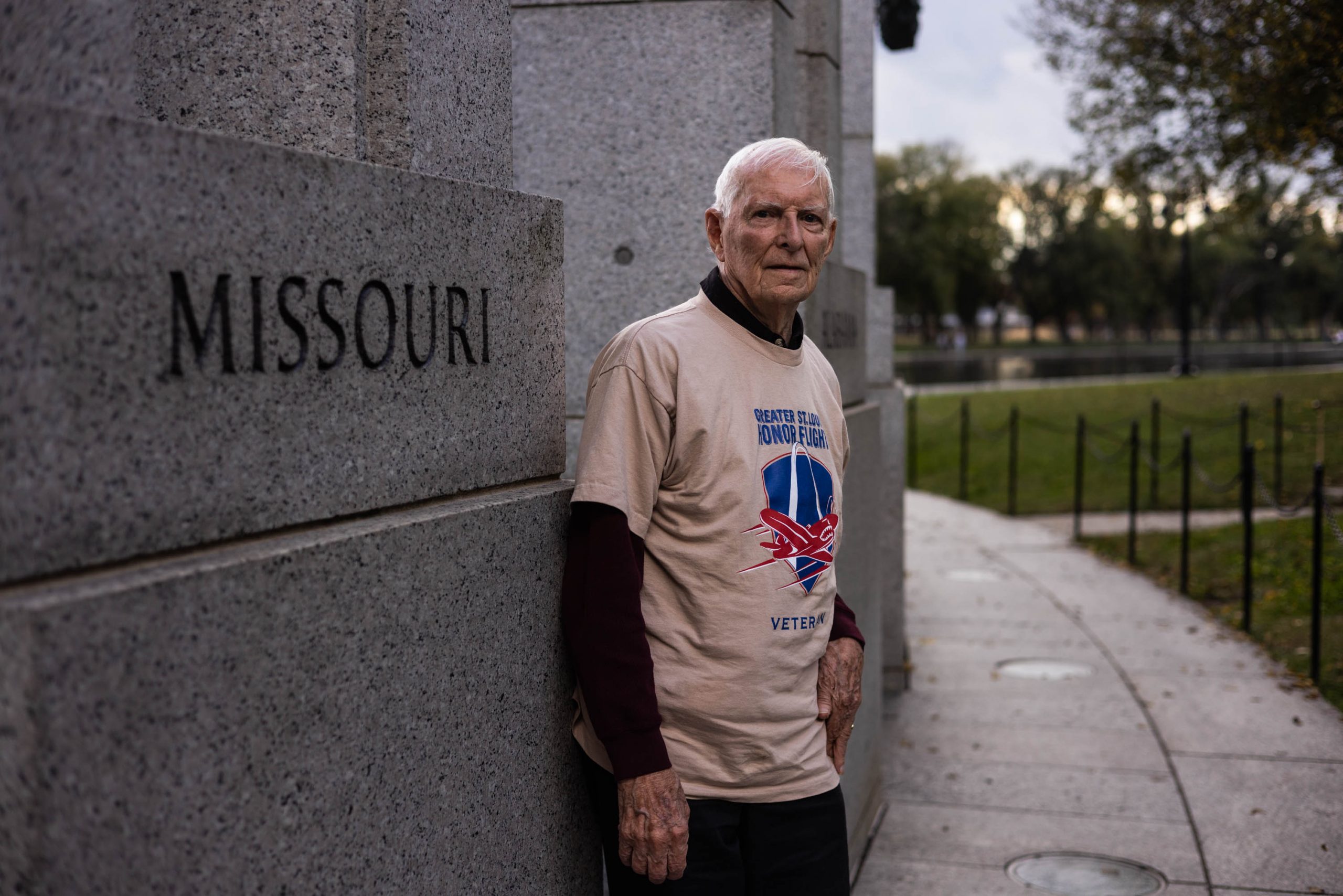 Ken Schibler, a World War 2 United States Navy veteran from Missouri, stands along side the World War 2 Memorial in Washington D.C., Tuesday, November 1, 2022. Ken traveled to Washington as part of the The Honor Flight Network, which pays tribute to veterans of WWII, Korea, and Vietnam with a trip to the nationÕs capital to visit and reflect at the memorials.