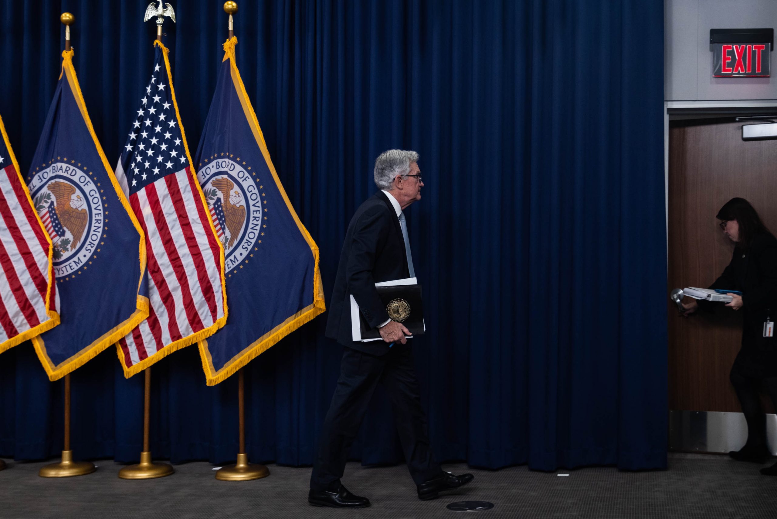 Federal Reserve Chairman Jerome Powell leaves a news conference following a Federal Open Market Committee meeting. The Federal Reserve announced another interest rate hike of 0.75%, making it the fourth straight rate hike of three-quarters of a percentage point. Wednesday, Nov. 2, 2022, in Washington D.C.Wednesday, Nov. 2, 2022, in Washington D.C.