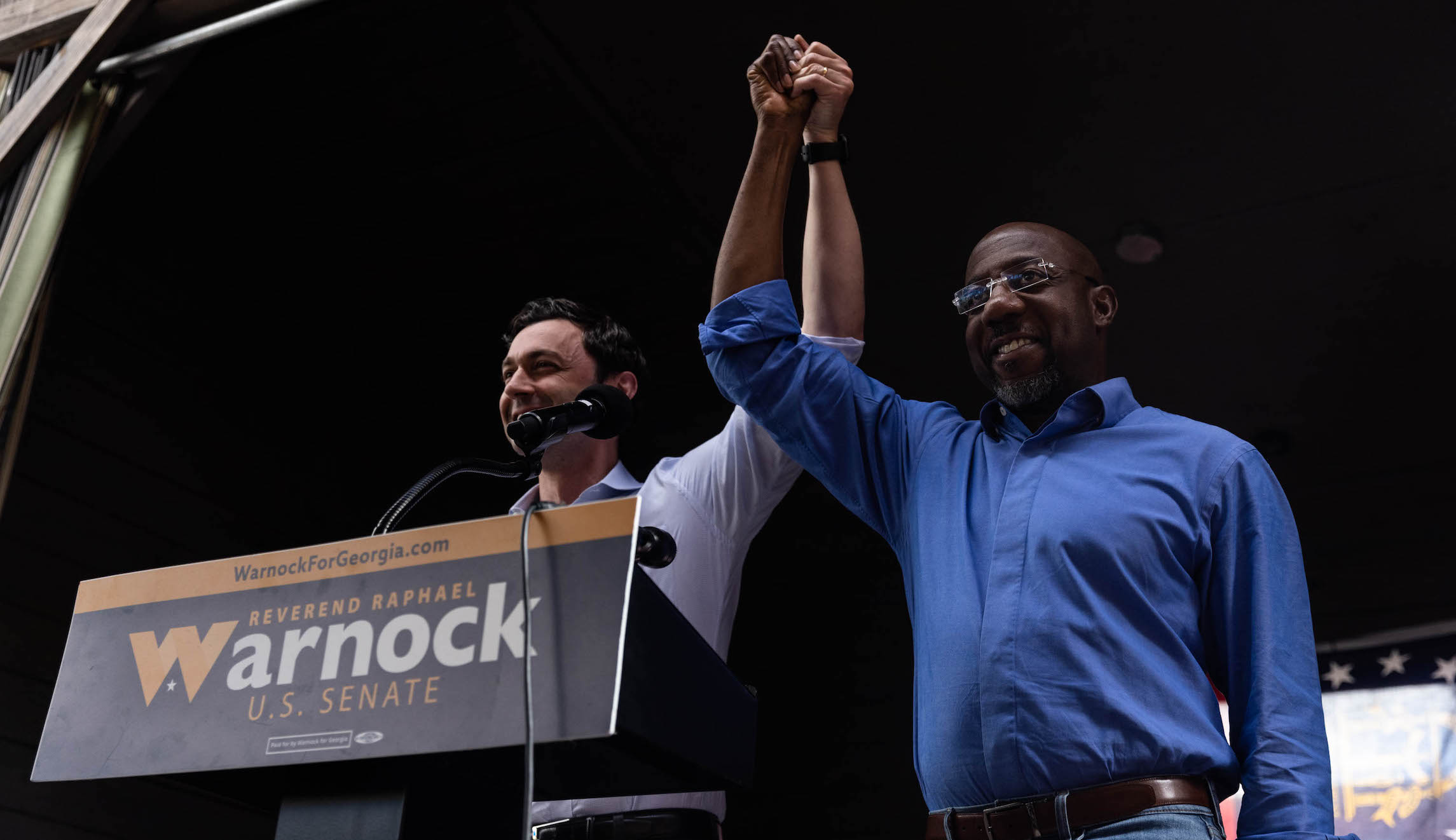 Senator Jon Ossoff speaks at a campaign rally for Senator Raphael Warnock in Macon, Georgia, Monday, November, 7, 2022