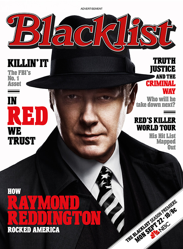 This advertisement released by NBC shows a mock magazine cover featuring James Spader in character as Raymond Reddington from the NBC series 