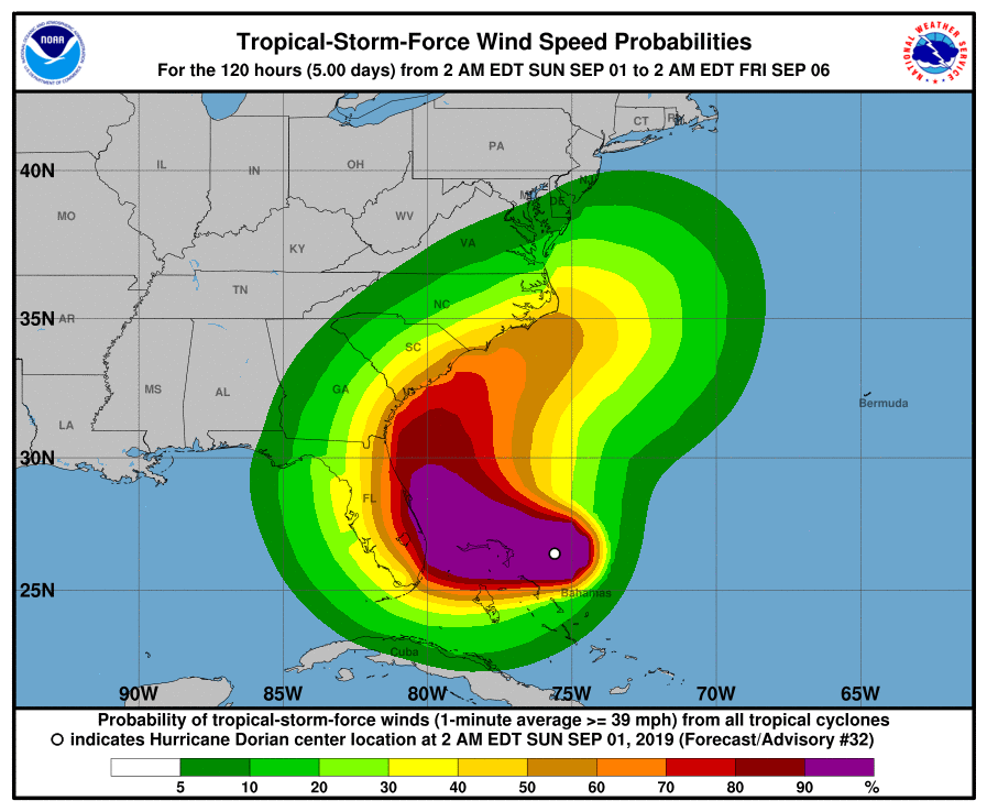 Dorian TS force wind speed probabilities