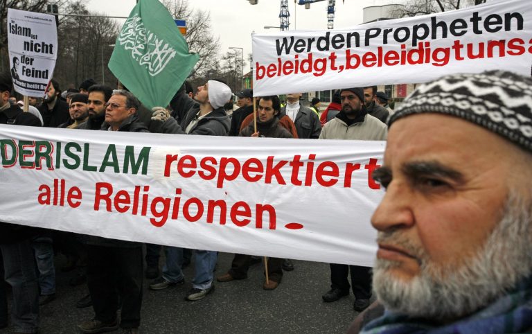 Muslims protest outside the Danish embassy against caricatures of the Prophet Mohammad originally published in Danish newspapers February 25, 2006 in Berlin, Germany. (Getty images/Carsten Koall)