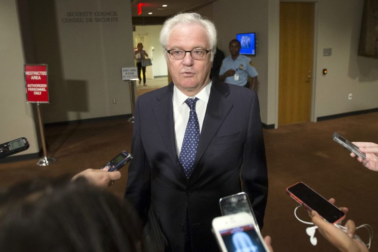 Russian U.N. Ambassador Vitaly Churkin speaks to the media during an emergency meeting of the U.N. Security Council on the worsening situation in Gaza at United Nations headquarters, Sunday, July 20, 2014. A Jordan-drafted resolution obtained by The Associated Press expresses 
