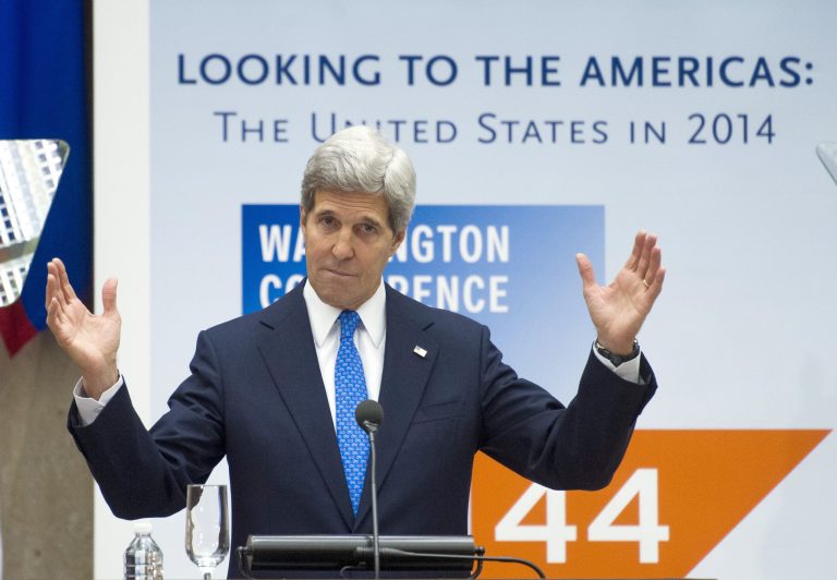 Secretary of State John Kerry addresses the Council of the Americas' 44th Conference of the Americas at the State Department in Washington, Wednesday, May 7, 2014. (AP Photo/Cliff Owen)