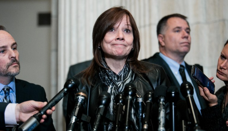 General Motors CEO Mary Barra speaks to reporters on Capitol Hill, Wednesday, Dec. 5, 2018. GM announced it would stop making the Chevy Cruze at its Lordstown, Ohio, plant, part of a massive restructuring for the Detroit-based automaker.

