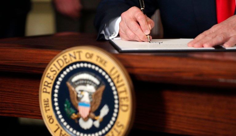 President Trump issued an executive order on environmental permitting Tuesday that seeks to solve a longstanding problem for industry by placing firm time limits on federal agencies to issue permits, and punishing those that fail to meet the president's goals. (AP Photo/Alex Brandon)