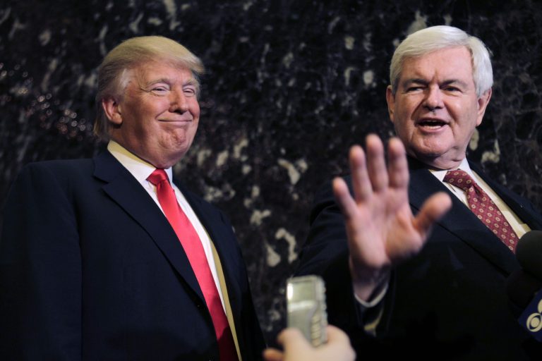 Donald Trump smiles at left as Republican presidential candidate, former House Speaker Newt Gingrich talks to media after their meeting in New York, Monday, Dec. 5, 2011. (AP Photo/Seth Wenig)