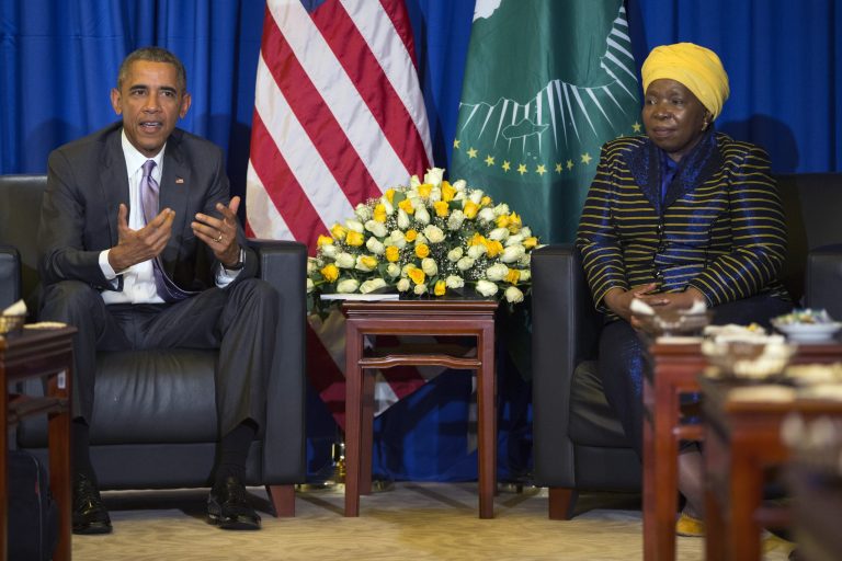 U.S. President Obama, left, speaks during a bilateral meeting with African Union Commission Chairperson Dr. Nkosazana Dlamini-Zuma at the African Union, Tuesday. (AP Photo/Evan Vucci)