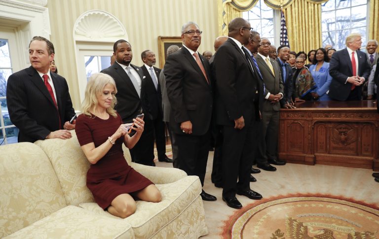 Photos of White House adviser Kellyanne Conway kneeling on an Oval Office couch in a dress were too much for Twitter users to handle. (AP Photo/Pablo Martinez Monsivais)