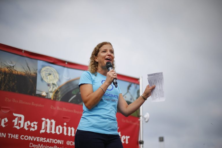 Democratic National Committee Chairwoman U.S. Rep. Debbie Wasserman Schultz, D-Fla., speaks at the Iowa State Fair Saturday, Aug. 22, 2015, in Des Moines, Iowa. (AP Photo/Paul Sancya)