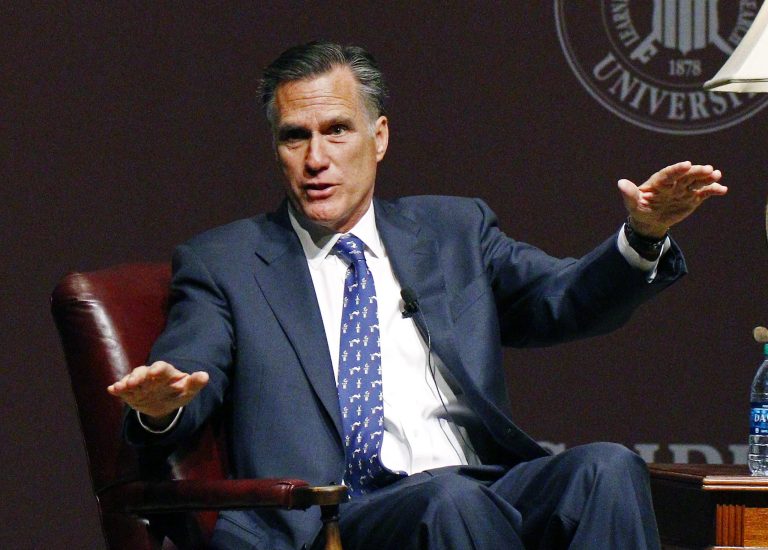 Former GOP presidential candidate Mitt Romney answers a question after his lecture to the student body and guests at Mississippi State University in Starkville, Miss., Wednesday. (AP Photo/Rogelio V. Solis)