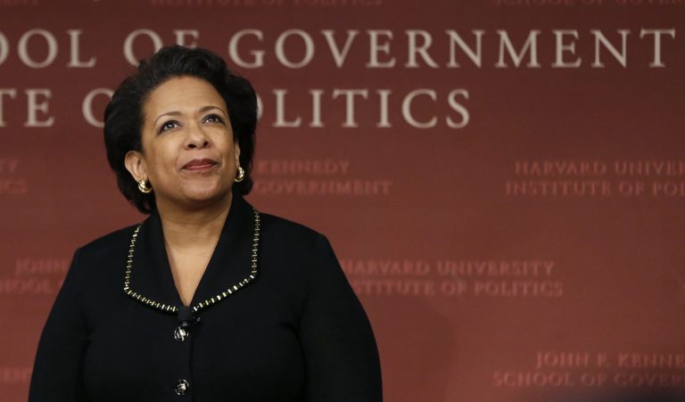 Former U.S. Attorney General Loretta Lynch, the nation's first black woman to head the Justice Department, looks at the audience during a conference on policy and blacks at Harvard University's Kennedy School of Government, Friday, April 7, 2017, in Cambridge, Mass. The 57-year-old North Carolina native graduated from Harvard College in 1981 and from Harvard Law School in 1984. (AP Photo/Elise Amendola)