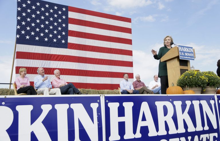 Former Secretary of State Hillary Clinton speaks during U.S. Sen. Tom Harkin's annual fundraising Steak Fry, Sunday, Sept. 14, 2014, in Indianola, Iowa. (AP Photo/Charlie Neibergall)