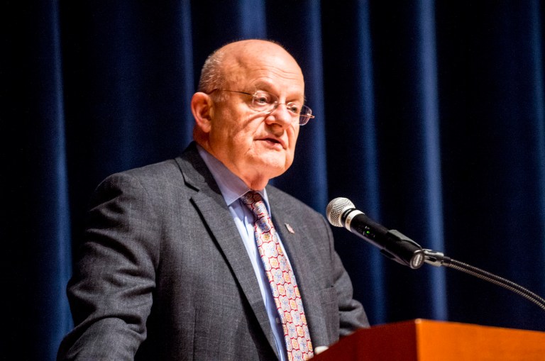 NEW LONDON, Conn - Retired Air Force Lt. Gen. James Clapper, current director of National Intelligence, spoke to the Corp of Cadets, March 23, 2016, as the 2016 Hedricks Fellow 
Clapper served as director of the Defense Intelligence Agency from 1992 until 1995, was the first Director of Defense Intelligence within the Office of the Director of National Intelligence and simultaneously the Under Secretary of Defense for Intelligence, was the director of the National Geospatial-Intelligence Agency from September 2001 until June 2006, and on June 5, 2010, President Barack Obama nominated Clapper to replace Dennis C. Blair as U.S. Director of National Intelligence. Clapper was unanimously confirmed by the Senate for the position on August 5, 2010.
		Official U.S. Coast Guard photos by Petty Officer 2nd Class Richard Brahm.