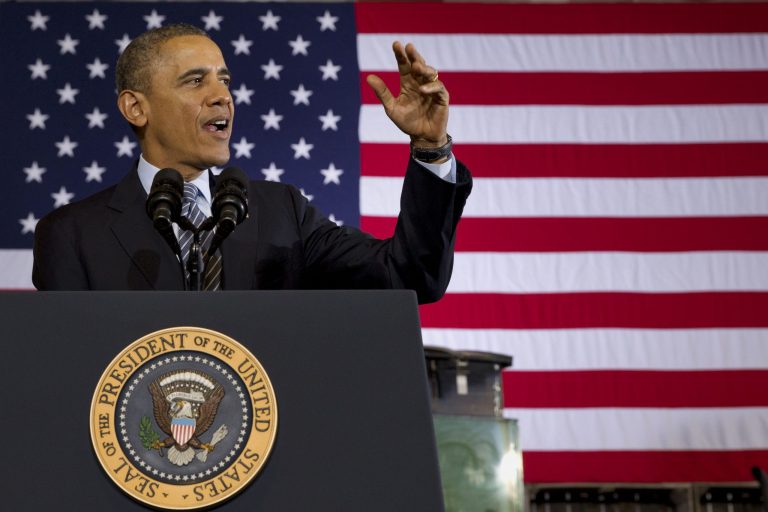 President Barack Obama speaks about the farm bill, Friday, Feb. 7, 2014, at Michigan State University in East Lansing, Mich. The president planned to sign the farm bill at Michigan State University, choosing middle America for a rare celebration of Washington political compromise. (AP Photo/Jacquelyn Martin)
