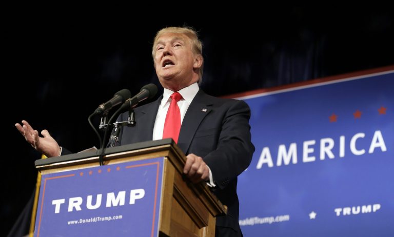 Republican presidential candidate Donald Trump speaks to supporters during a rally, Tuesday, June 16, 2015, in Des Moines, Iowa. (AP Photo/Charlie Neibergall)