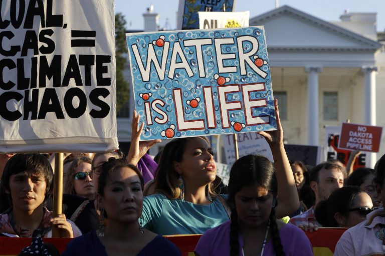 The Army Corps of Enginneers approved a key easement Wednesday night to allow the completion of the 1,100-mile Dakota Access oil pipeline, as native groups protested outside the White House to kick off the next phase of mass resistance against the project. (AP Photo/Jacquelyn Martin)