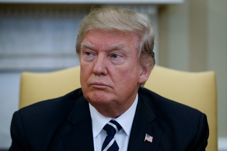 President Donald Trump listens during a meeting with Egyptian President Abdel Fattah al-Sisi in the Oval Office of the White House in Washington, Monday, April 3, 2017. (AP Photo/Evan Vucci)