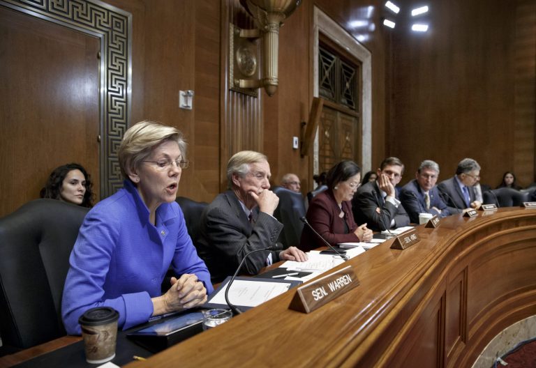 Sen. Elizabeth Warren, D-Mass. , left, and Democratic members of the Senate Energy and Natural Resources Committee, now in the minority, cast their votes on whether to move long-stalled Keystone XL pipeline legislation to the Senate floor, Thursday, Jan. 8, 2015, on Capitol Hill in Washington, Thursday, Jan. 8, 2015. From left are, Sen. Warren, Sen. Angus King, I-Vt., Sen. Mazie Hirono, D-Hawaii, Sen. Martin Heinrich, D-N.M., Sen. Joe Manchin, D-W.V., a sponsor of the bill, and Sen. Al Franken, D-Minn. Â (AP Photo/J. Scott Applewhite)