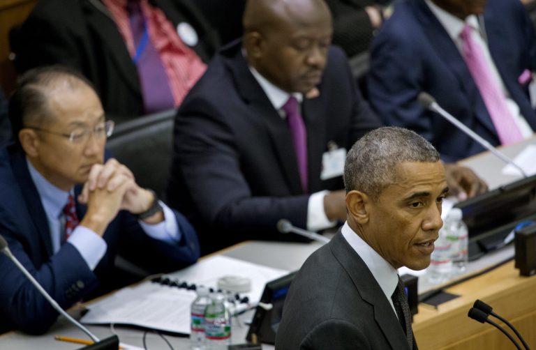 President Barack Obama speaks at a high level meeting on the Ebola outbreak during the 69th United Nations General Assembly at U.N. headquarters, Thursday, Sept. 25, 2014. (AP Photo/Craig Ruttle)