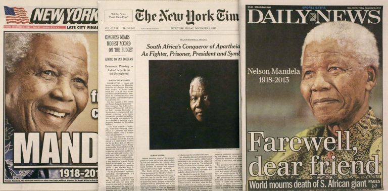 Front pages of the New York Post, left, The New York Times, center, and Daily News carry the news and photos of the death of former South African President NelsonÃÂ Mandela onÃÂ Friday. (AP/Mark Lennihan)