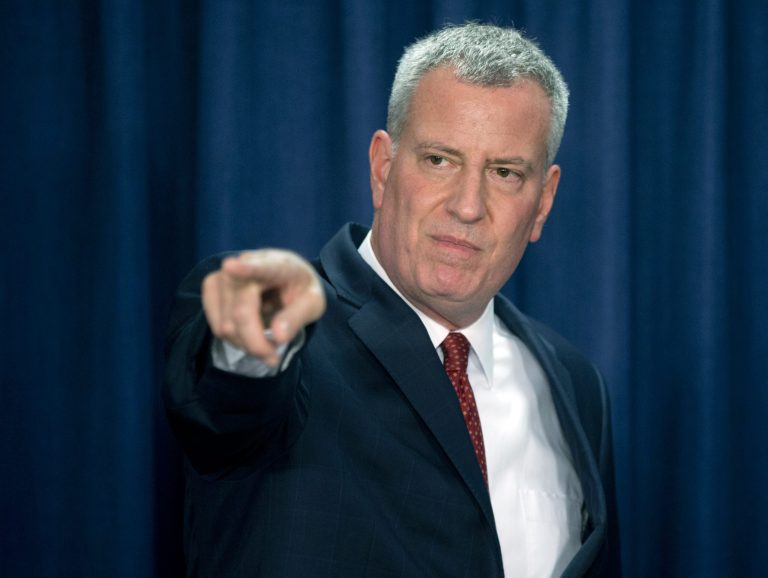 New York City Mayor Bill de Blasio takes a question during a news conference on Wednesday, May 27, 2015, in Albany, N.Y. (AP Photo/Mike Groll)