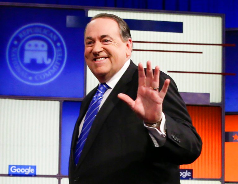 FILE - In this Jan. 28, 2016 file photo, former Arkansas Gov. Mike Huckabee walks onto the stage before a Republican presidential primary debate in Des Moines, Iowa. Huckabee will start a new weekly talk show on the religious Trinity Broadcasting Network this fall.
		 (AP Photo/Charlie Neibergall, File)