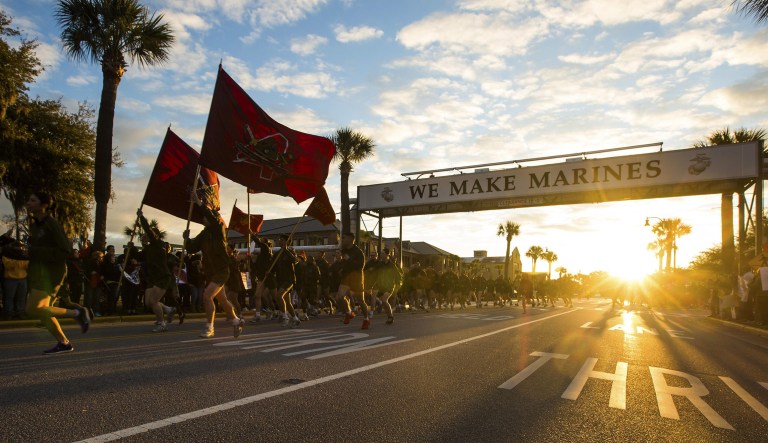 New Marines run under the iconic 