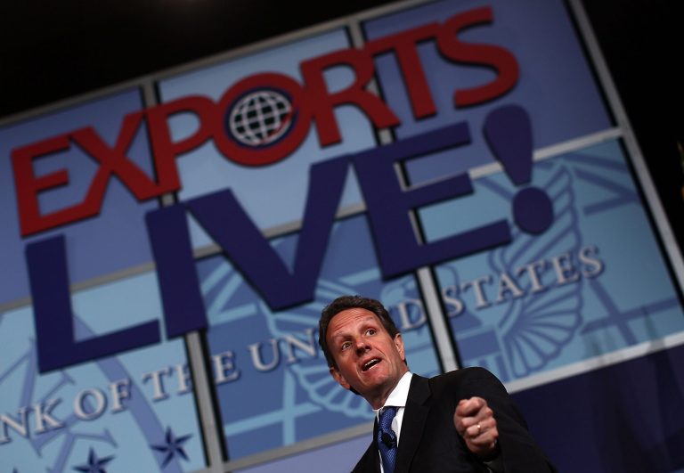 Treasury Secretary Timothy Geithner answers questions at the Export-Import Bank of the United States 2010 Annual conference March 12, 2010 in Washington, DC. (Photo by Win McNamee/Getty Images)