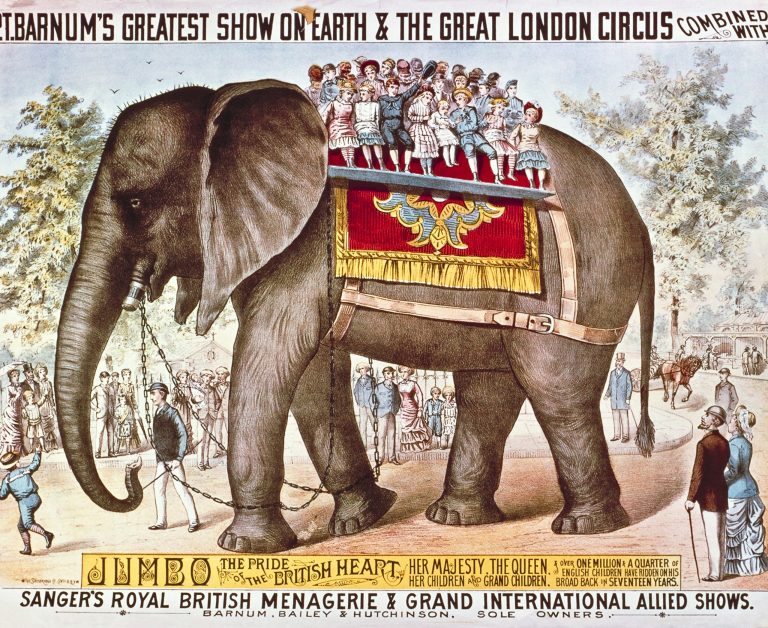 This undated poster provided by Feld Entertainment shows a poster depicting Jumbo the elephant, as part of the early days of the Ringling Bros. and Barnum & Bailey Circus. (AP Photo/Feld Entertainment Inc.)