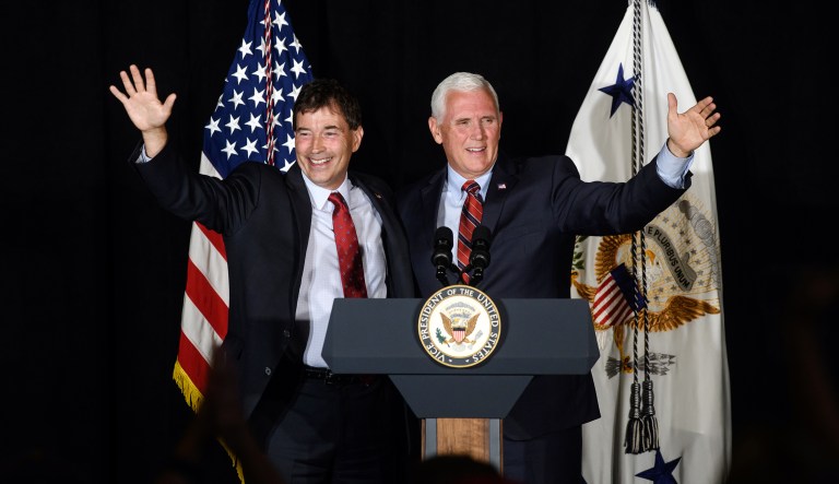 Vice President Mike Pence stands with Troy Balderson during a rally at the Skylight banquet facility on July 30 in Newark, Ohio. Balderson, currently a senator for Ohio's 20th Senate district, is running against Democrat Danny O'Connor in Ohio's 12th Congressional District.
