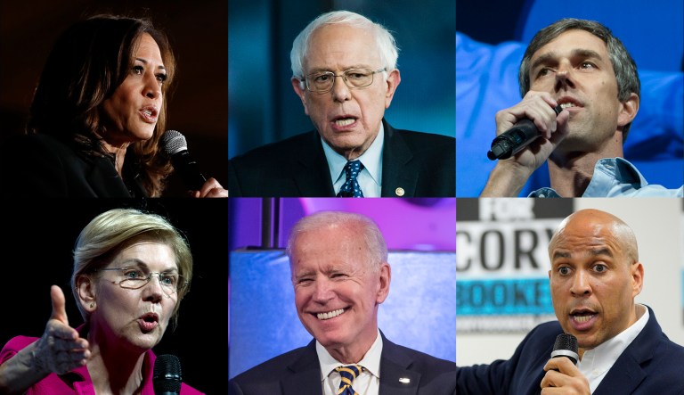 Democrats running in the 2020 presidential primary race are shown (clockwise): Kamala Harris, Bernie Sanders, Beto O'Rourke, Cory Booker, Joe Biden, and Elizabeth Warren.