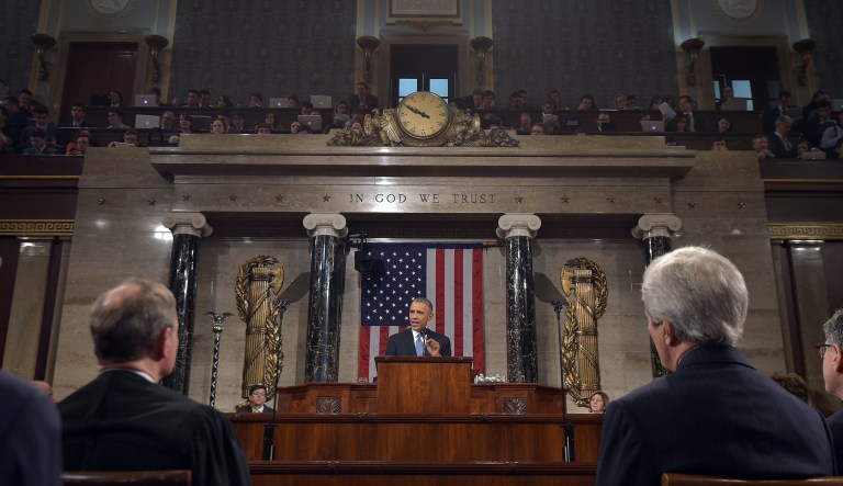 U.S. President Barack Obama delivers the State of the Union address to a joint session of Congress at the Capitol in Washington, D.C., U.S., on Tuesday, Jan. 20, 2015. Obama declared the U.S. economy healed and said the nation now must begin work to close the gap between the well-off and the wanting. 
