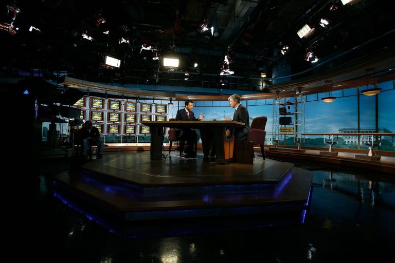Louisiana Gov. Bobby Jindal (L) speaks as he is interviewed by moderator David Gregory (R) during a taping of 'Meet the Press' at the NBC studios February 22, 2009 in Washington, DC. (Photo by Alex Wong/Getty Images for Meet the Press)