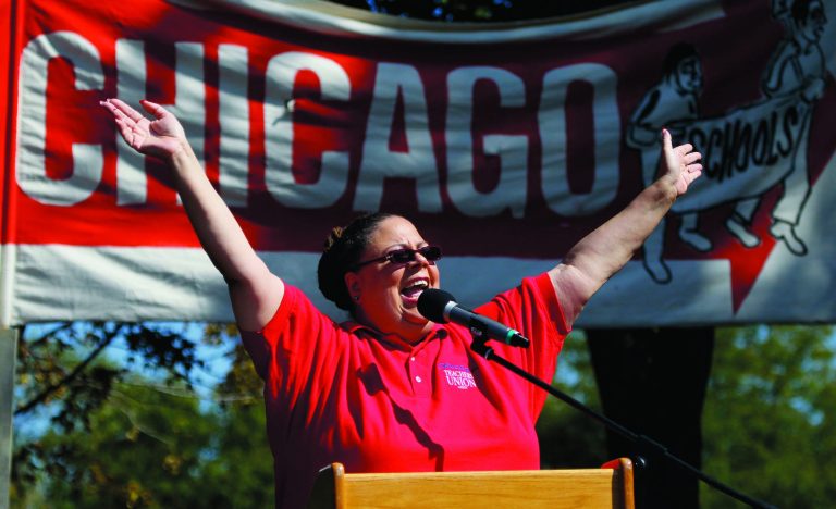 Karen Lewis, president of the Chicago Teachers Union addresses the crowd during a rally Saturday, Sept. 15, 2012, in Chicago. Lewis reminded that although there is a 