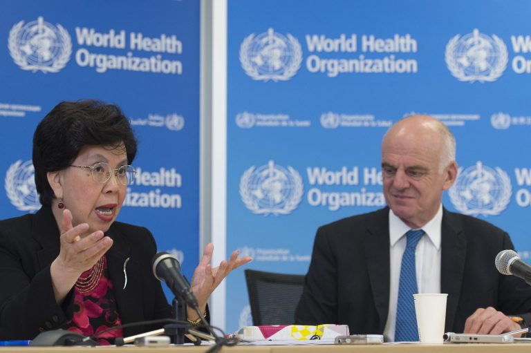 China's Margaret Chan, director general of WHO, left, and David Nabarro, UN Special Envoy on Ebola, present an update on work being undertaken to strengthen WHO's health emergency preparedness and response capacities. (Sandro Campardo/Keystone via AP)