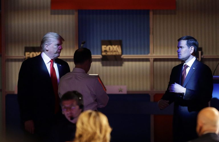 Donald Trump, left, and Sen. Marco Rubio are two of the leading candidates going into Tuesday's debate. Republican contenders for the presidency last debated on stage on Nov. 10, in Milwaukee. (AP Photo/Jeffrey Phelps)