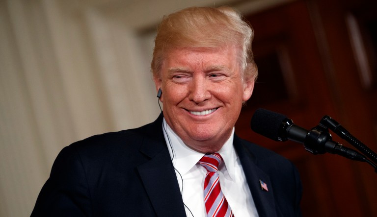 President Trump took to Twitter Monday to express how his leadership has given a boost to the stock market and home sales, while adding that it is up to Republican lawmakers to pass tax reform legislation. (AP Photo/Evan Vucci)