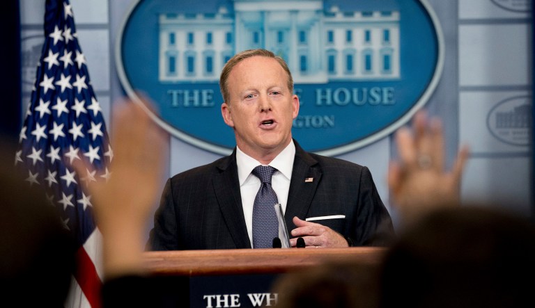 White House press secretary Sean Spicer departs after speaking to the media during the daily press briefing at the White House, Tuesday, May 30, 2017, in Washington. (AP Photo/Andrew Harnik)